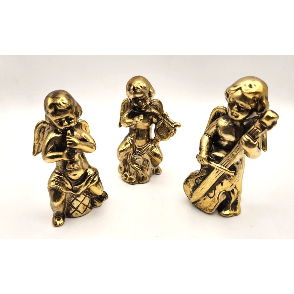 Angel Quartet Figurines Gold Ceramic Baroque Rococo Flute Strings Set of 3 VTG